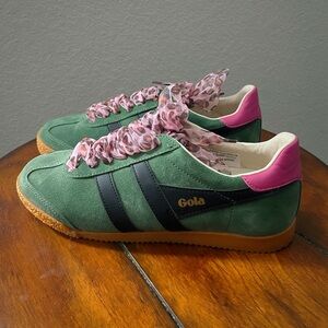 NWOT Gola Green Suede Sneakers with Pink Heel
